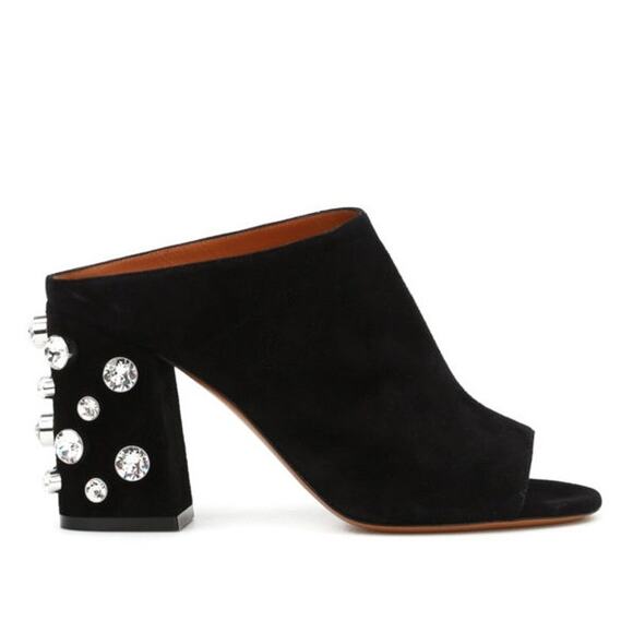 Givenchy Crystal Embellished Open Toe Suede Block Heel Mules Black 39 - Picture 3 of 9